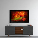 Tulip glass wall art styled above a sideboard in a dining room