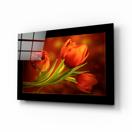 Tulip glass wall art displayed above a bed in a bedroom
