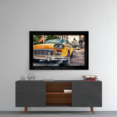 Classical Yellow Car glass wall art styled above a console in a foyer