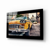 Classical Yellow Car glass wall art displayed above a sideboard in a study