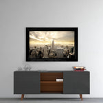 New York glass wall art styled above a console in a foyer