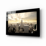New York glass wall art displayed above a sideboard in a study