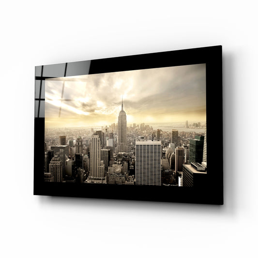 New York glass wall art displayed above a sideboard in a study