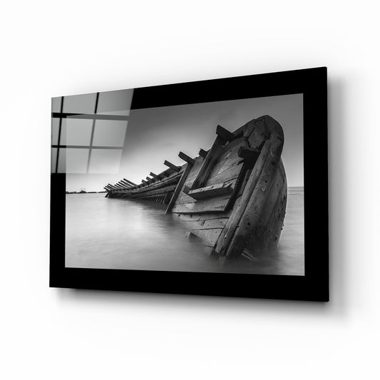 Abandoned Boat glass wall art displayed above a sideboard in a study