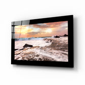 Cloudy Waves glass wall art displayed above a sideboard in a coastal cottage