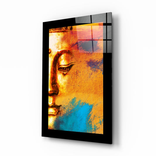 Buddha glass wall art displayed above a console in a meditation room