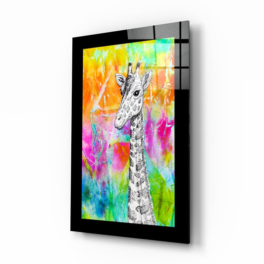Giraffe glass wall art displayed above a console in a child's room