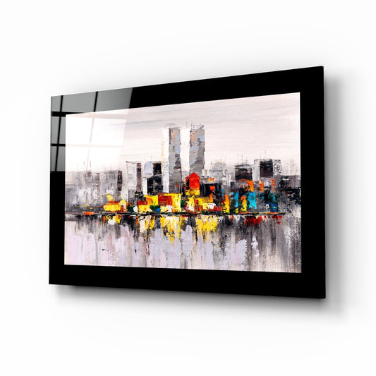 City Silhouette glass wall art displayed above a sideboard in a study
