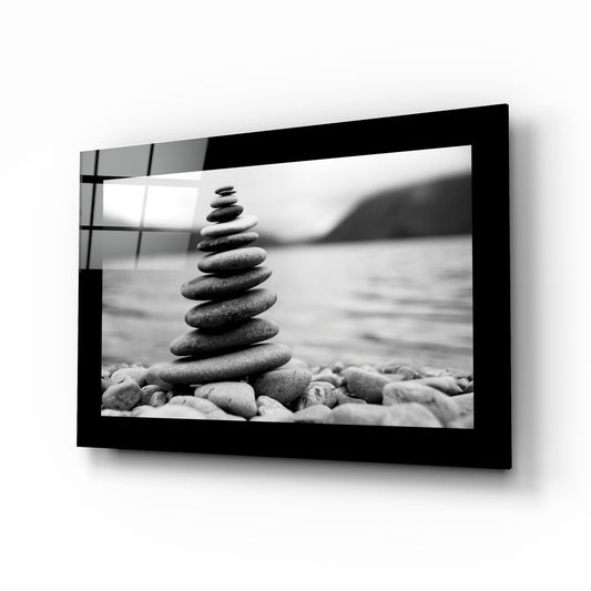 Balance glass wall art displayed above a console in a meditation room
