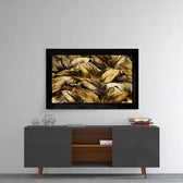 Golden Leaves glass wall art styled above a console in a dining room