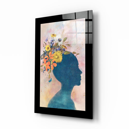 Flowery Thoughts glass wall art displayed above a bed in a bedroom