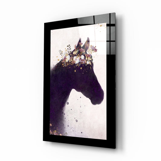 Horse glass wall art displayed above a bed in a bedroom