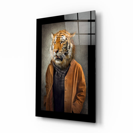 Tiger glass wall art displayed above a sideboard in a study