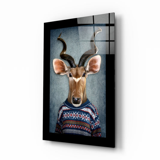 Human Deer glass wall art displayed above a sideboard in a study