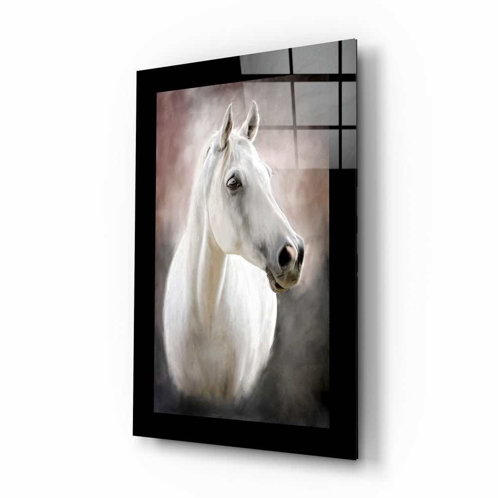 Horse glass wall art displayed above a sideboard in a study