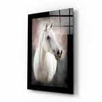 Horse glass wall art displayed above a sideboard in a study