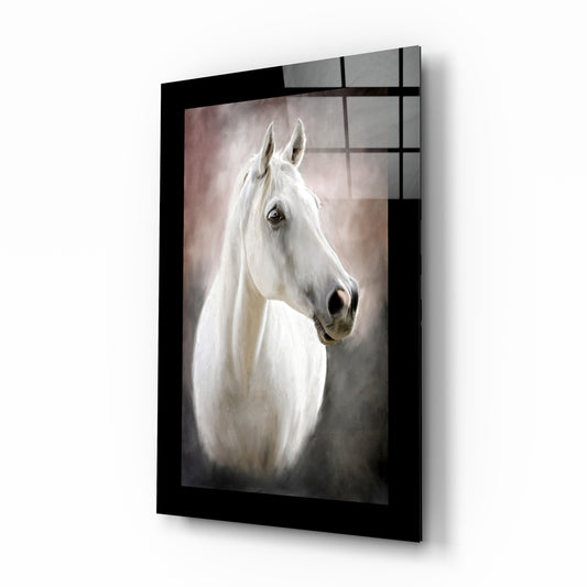 Horse glass wall art displayed above a sideboard in a study