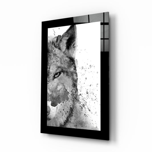 Wolf glass wall art displayed above a sideboard in a study