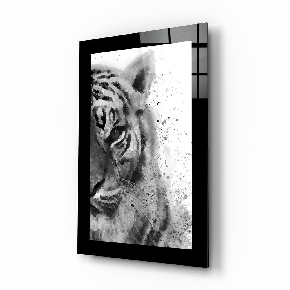 Tiger glass wall art displayed above a sideboard in a study