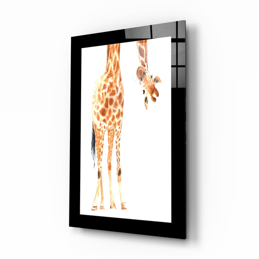 Curious Giraffe glass wall art displayed above a console in a child's room