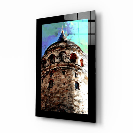 Galata Tower glass wall art displayed above a sideboard in a study