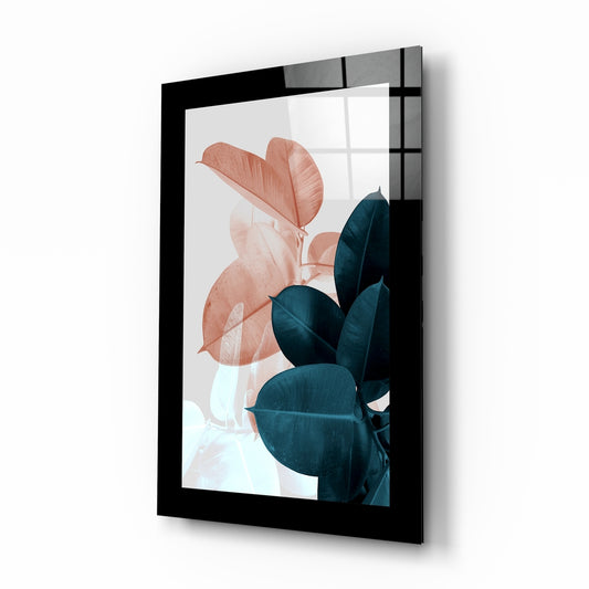 Leaves glass wall art displayed above a bed in a bedroom