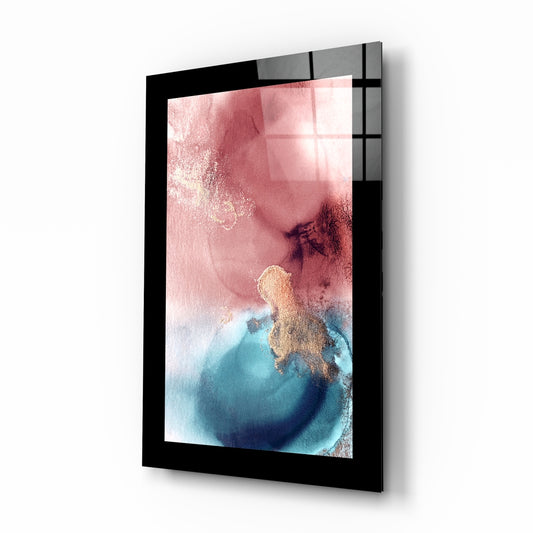 Pink and Blue glass wall art displayed above a bed in a bedroom