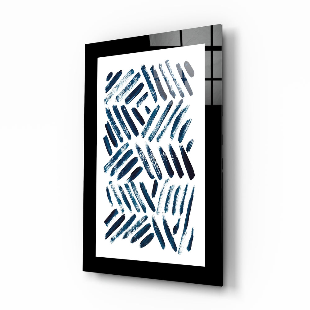 Blue Lines glass wall art displayed above a sideboard in a study