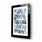 Blue Lines glass wall art displayed above a sideboard in a study