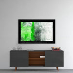 Green and Green glass wall art styled above a console in a foyer