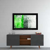 Green and Green glass wall art styled above a console in a foyer