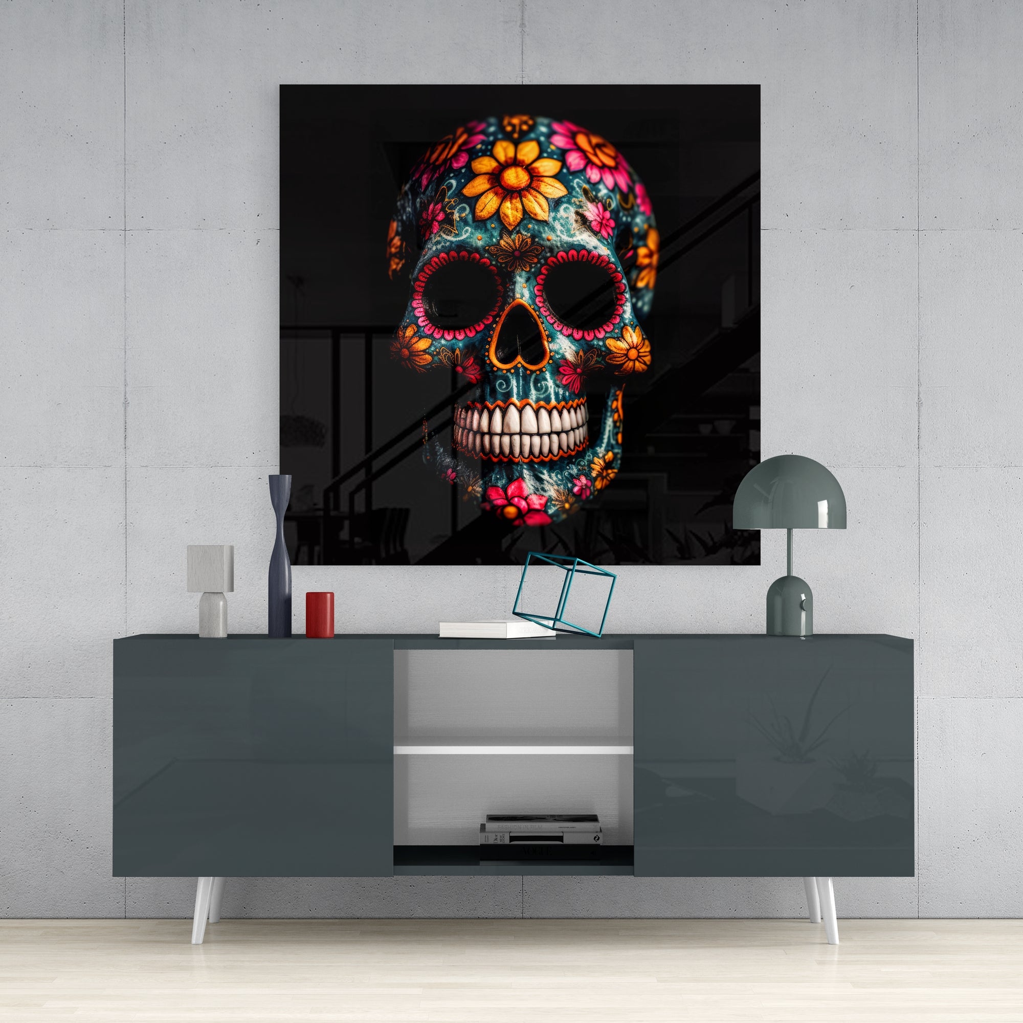 Flowery Skull Glass Wall Art  || Designers Collection.