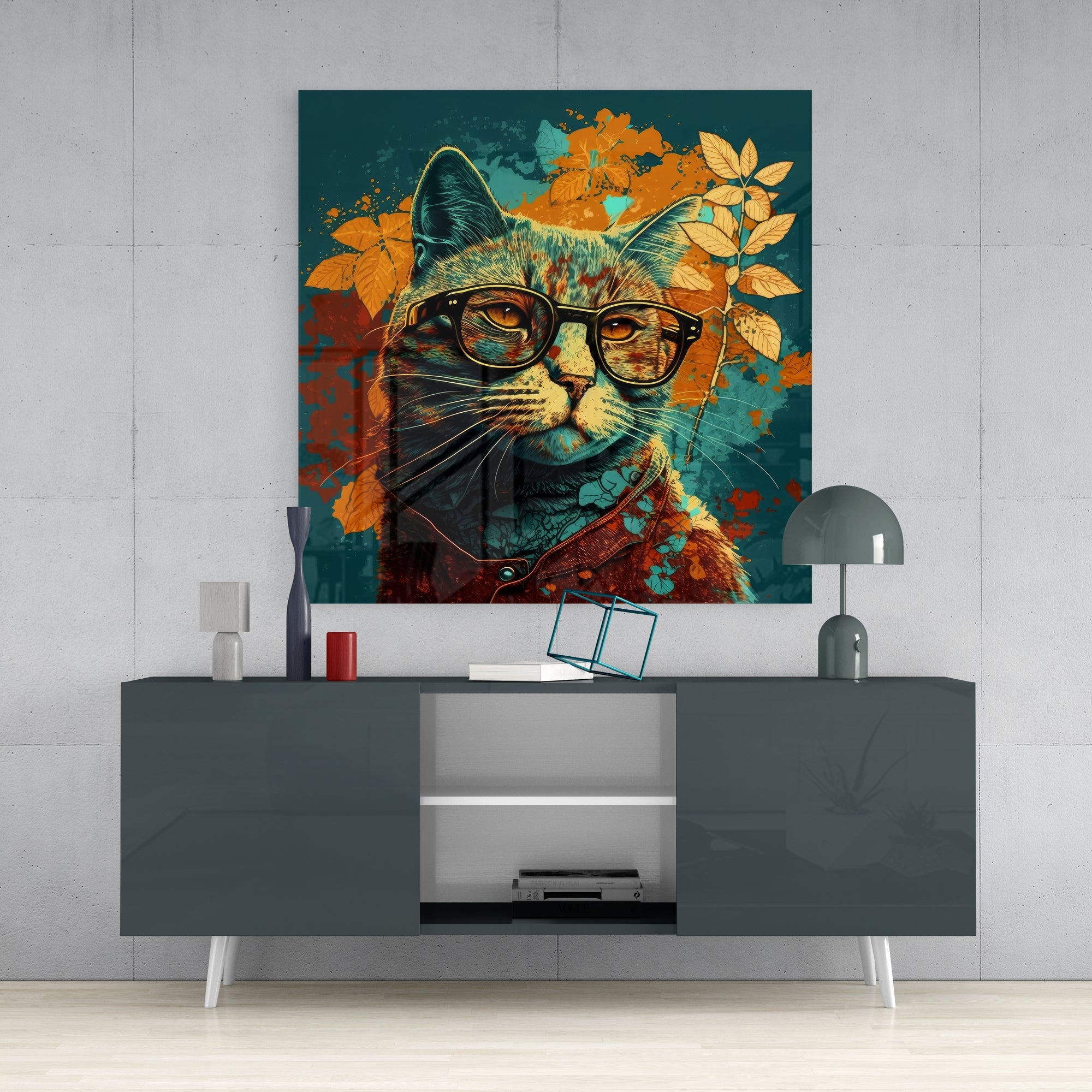 Intellectual Cat Glass Wall Art  || Designers Collection.