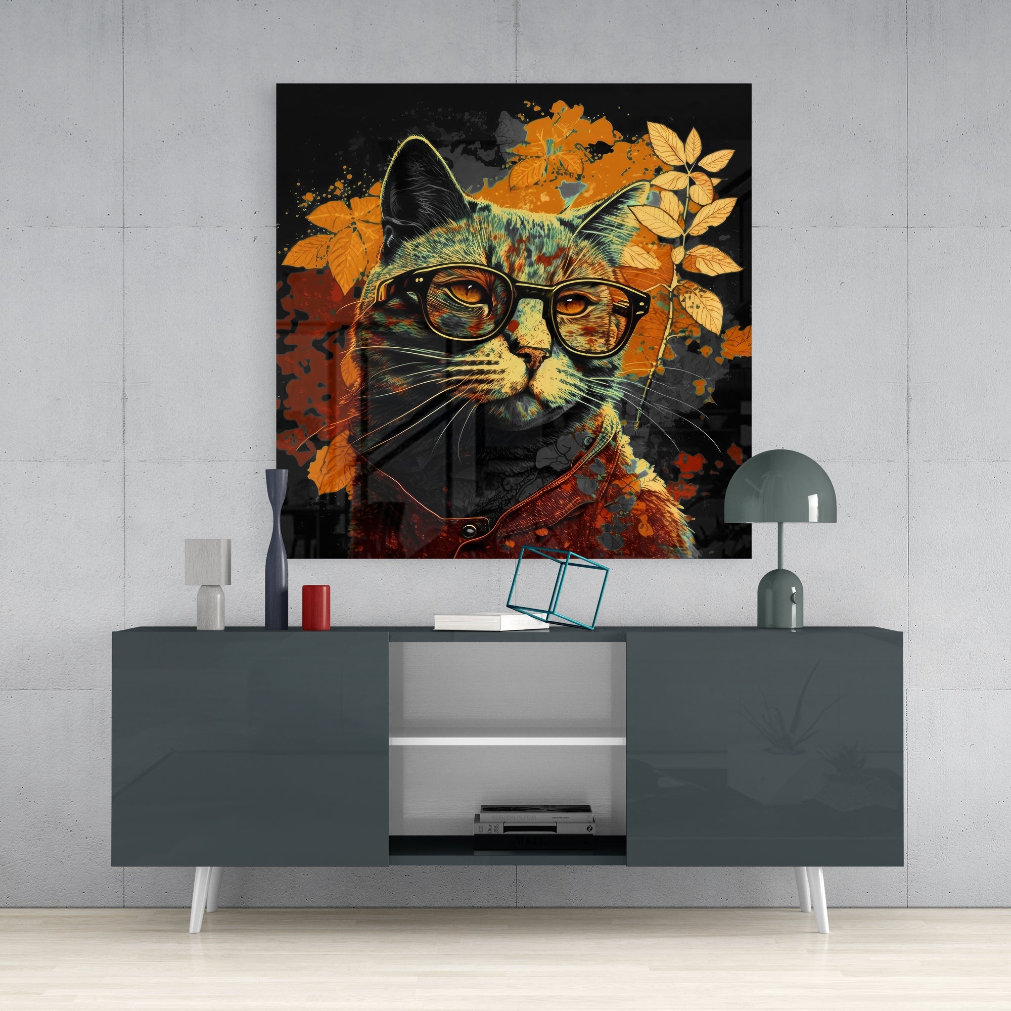 Intellectual Cat Glass Wall Art  || Designers Collection.