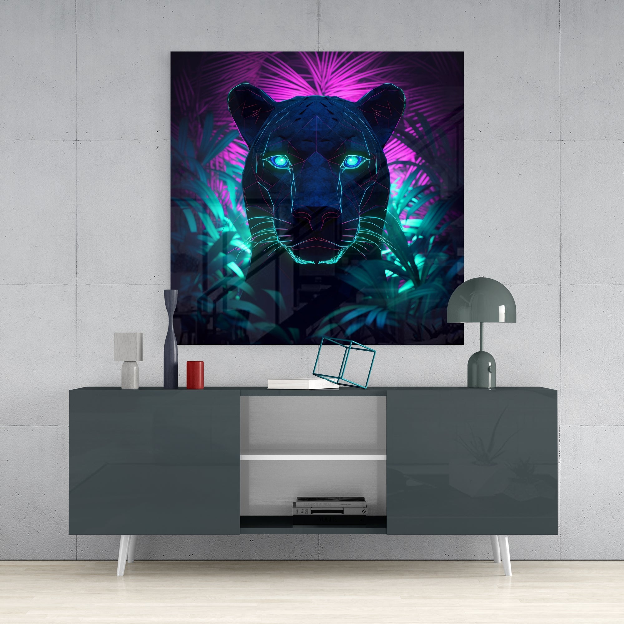Neon Panther Glass Wall Art  || Designers Collection.