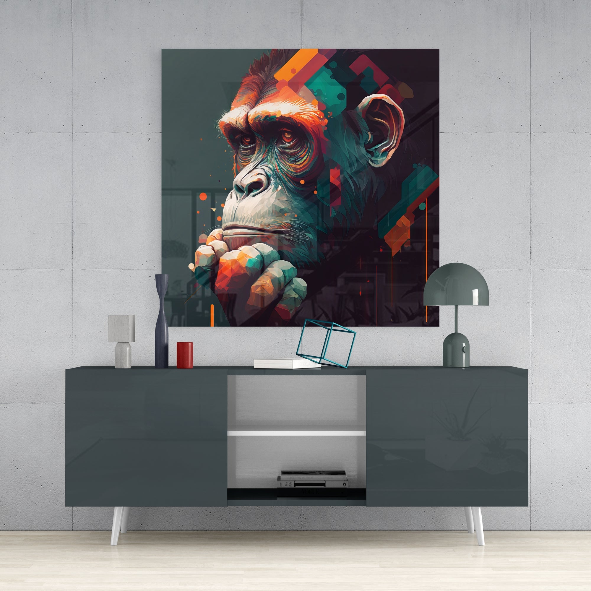 Ape the Thinker Glass Wall Art  || Designers Collection.