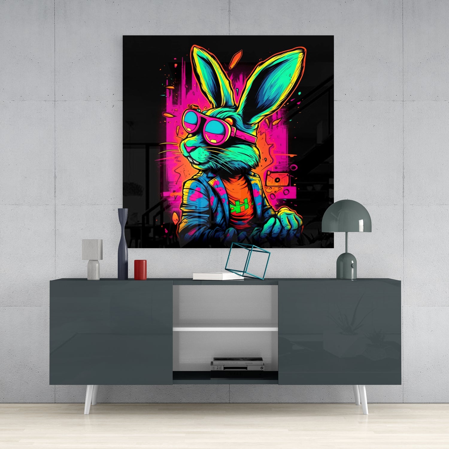 Retro Rabbit Glass Wall Art.