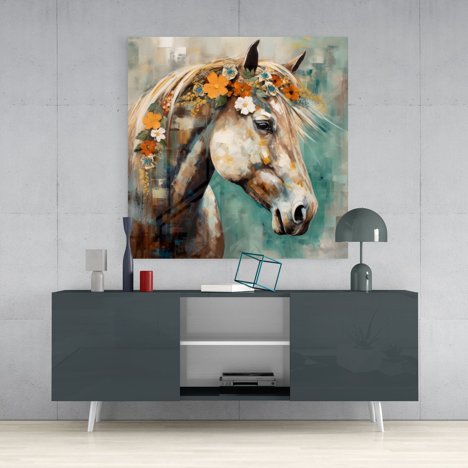 Flower And Horse Glass Wall Art.