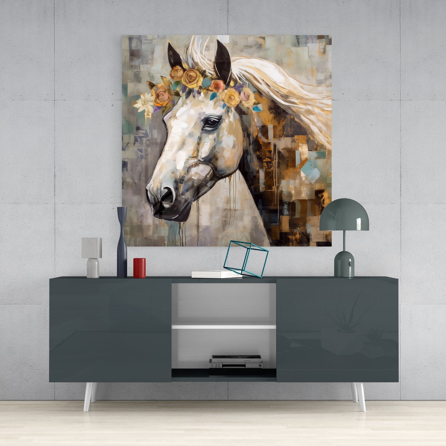Flower And Horse Glass Wall Art.